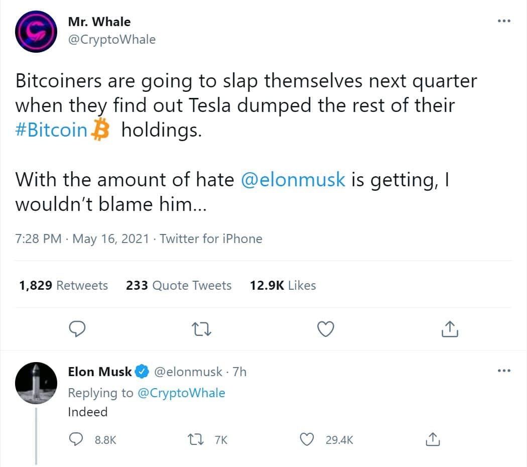 Elon Musk implying Tesla might sell their Bitcoin